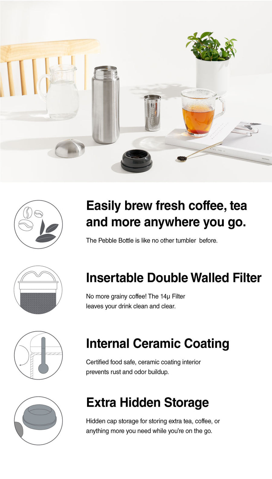 Pebble Bottle - Easily brew fresh coffee, tea and more anywhere you go.